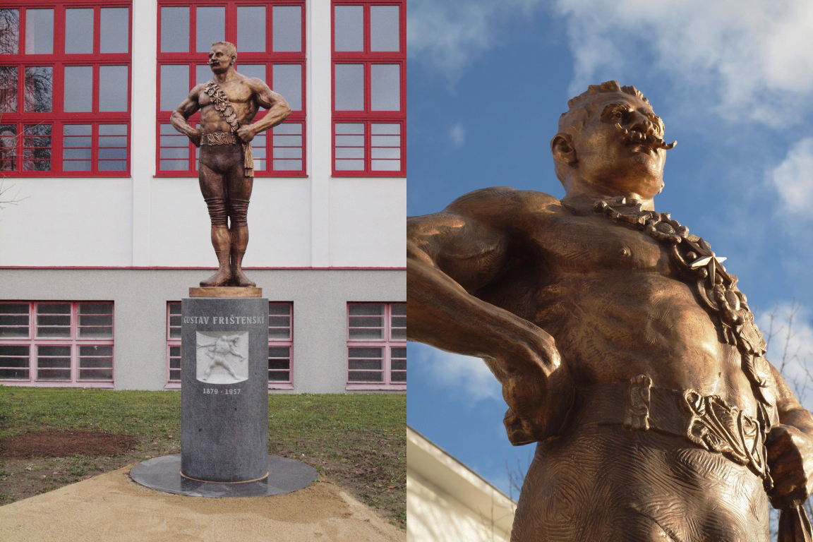 Gustav Fryštenský - Litovel, Opletalova 2, před sokolovnou, 2014 (bronz a hlinecká žula, výška 3,5 m)